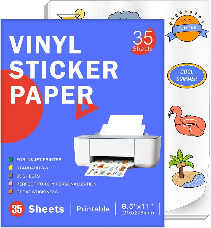 Aevdor 35 Sheets Premium Printable Vinyl Sticker Paper for Inkjet Printer, Glossy White Waterproof, Dries Quickly, Vivid Colors, Tear Resistant, 8.5x11 Inkjet Vinyl Sticker Paper Great for Cutting Machines - Image 1